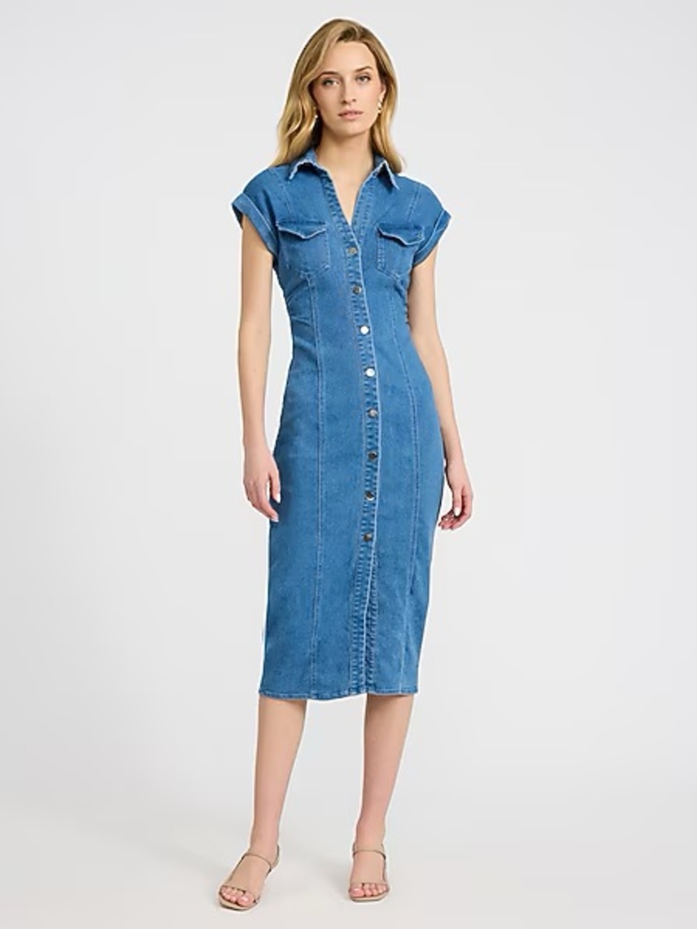 NWOT Express Denim Button-Front Maxi Dress in Medium Blue